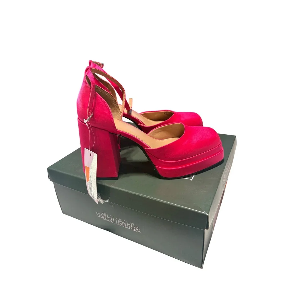Wild Fable Pink Satin Platform Heels Square Toe Ankle Strap Block Heel Size 9